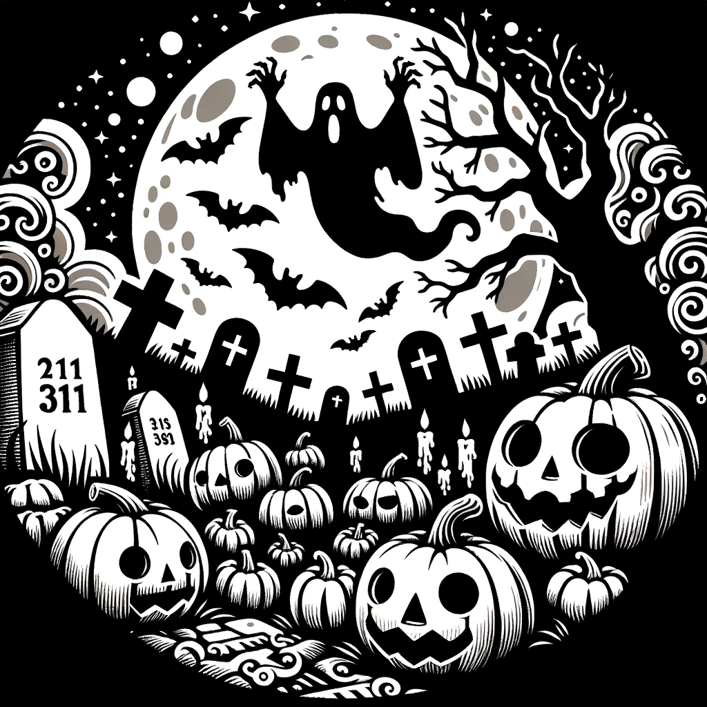 Illustration of a print-friendly pumpkin carving pattern displaying a spooky graveyard scene with tombstones and a ghost rising.