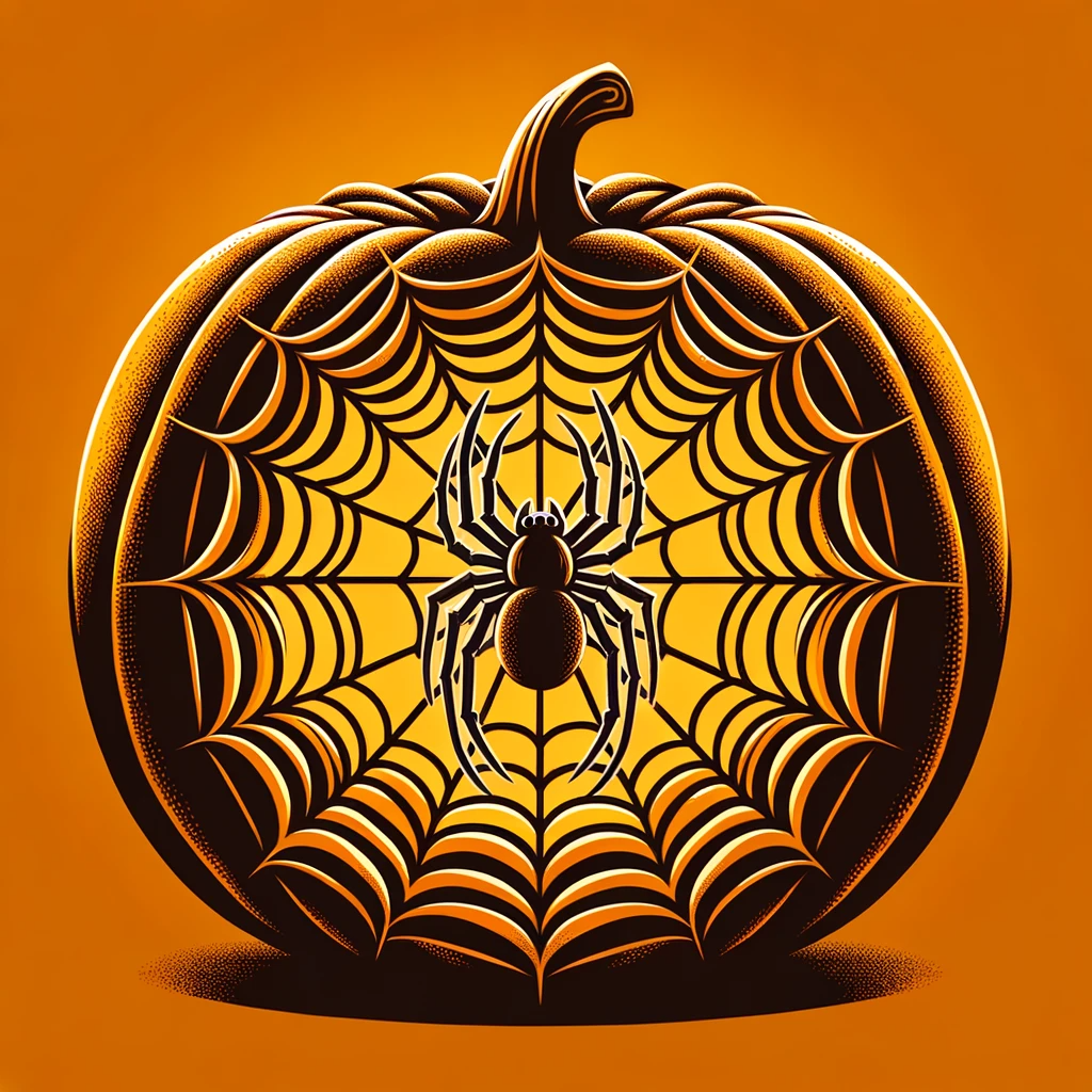 Illustration of a print-friendly pumpkin carving pattern showcasing a creepy spider web with a large spider in the center.