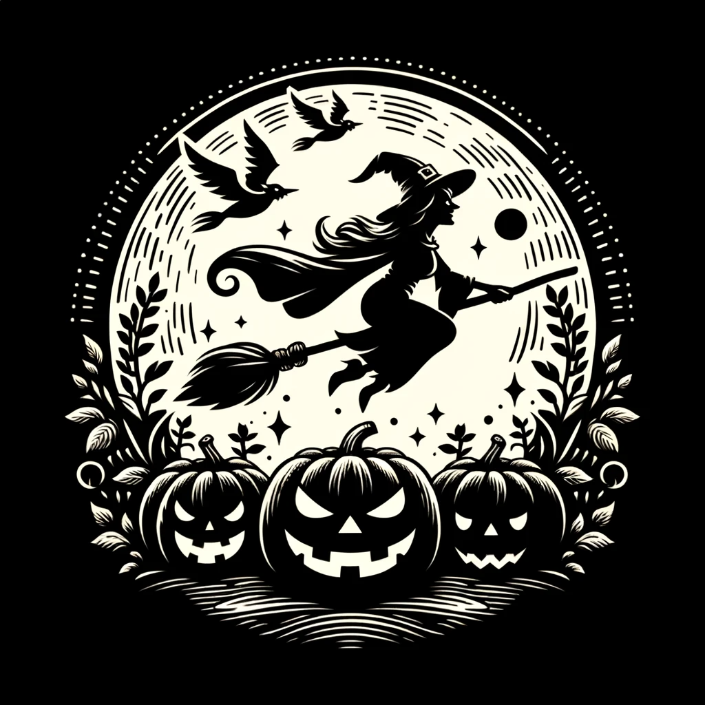 Illustration of a print-friendly pumpkin carving pattern showcasing a witch flying on a broomstick against a full moon.