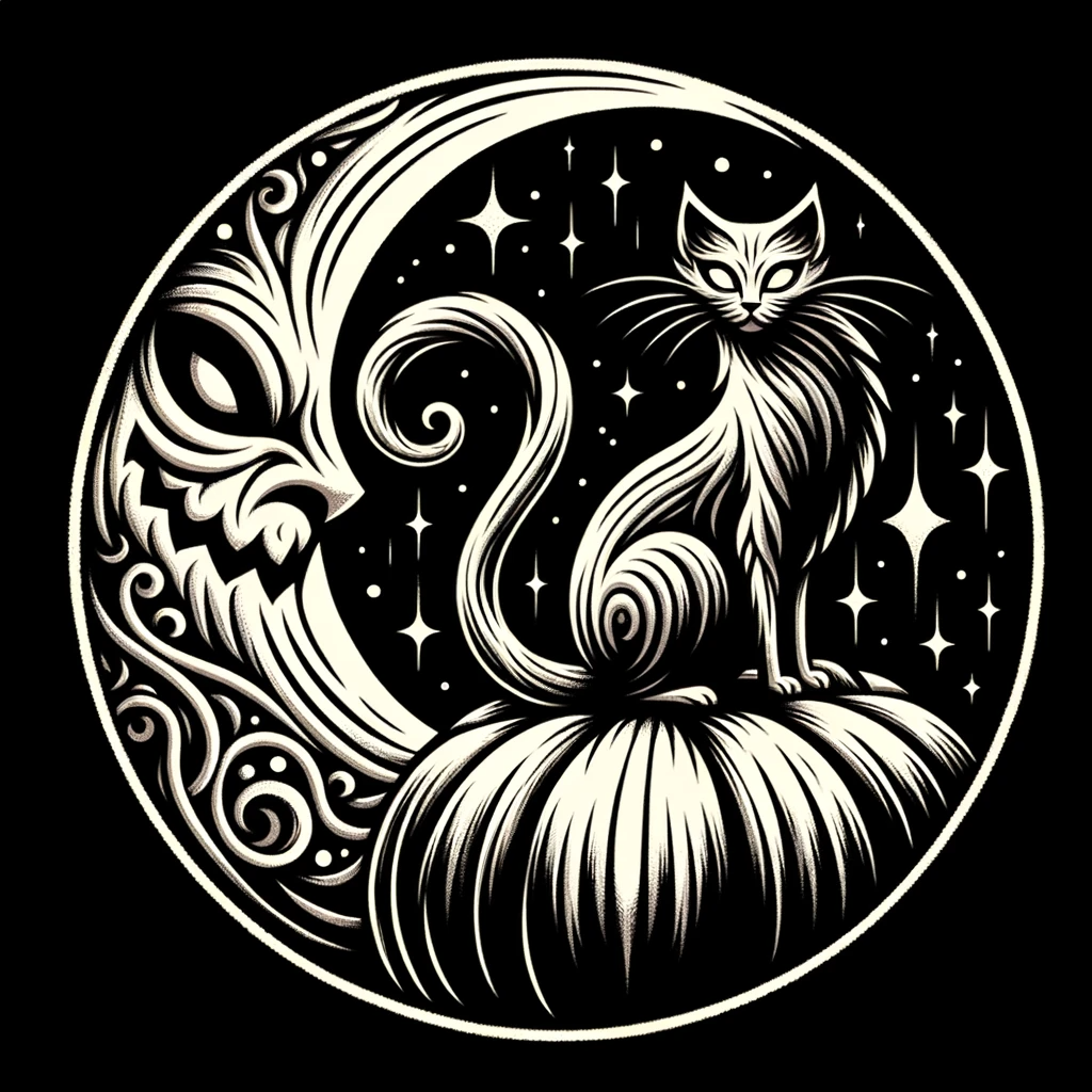 Illustration of a print-friendly pumpkin carving pattern featuring a sinister cat with arched back and a crescent moon.
