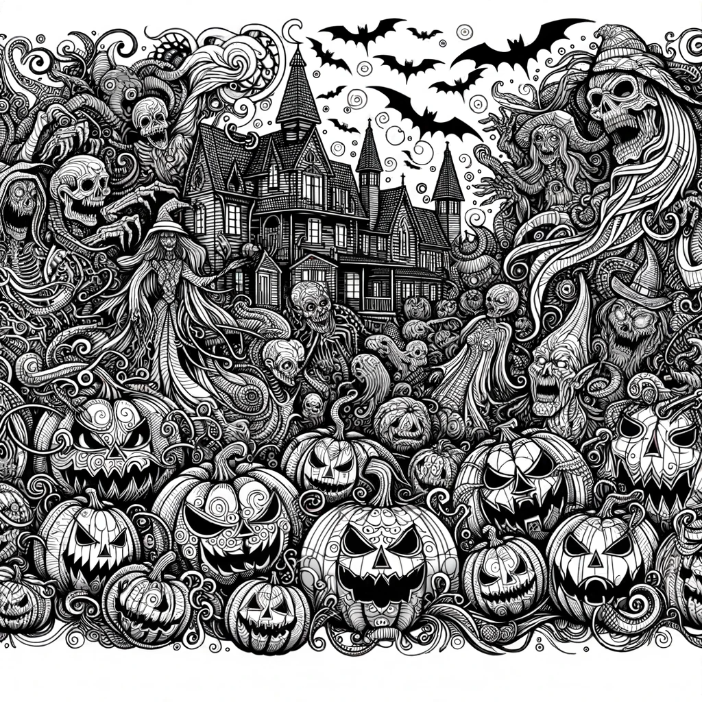 Line art illustration of the most intricately detailed spooky pumpkin carving pattern in the universe, displaying an eerie haunted village, ghosts, witches, werewolves, and multiple layers of frightening elements intertwined.