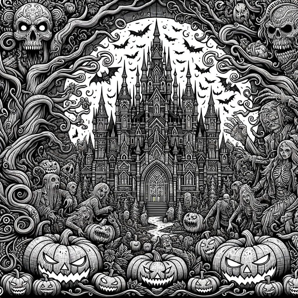 Line art illustration of an ultra-detailed spooky pumpkin carving pattern showcasing a massive haunted castle, surrounded by a dense forest of twisted trees, goblins, zombies, and mythical creatures with intricate patterns and designs.