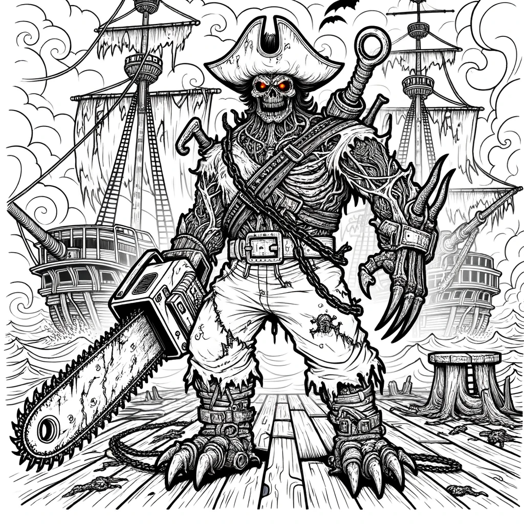 Line art illustration of a coloring page showcasing a monstrous pirate. The creature has hooks for feet, chainsaw blades for hands, and a menacing cannon embedded in its chest. He stands on a ghostly ship deck, with tattered sails and a stormy sea backdrop.