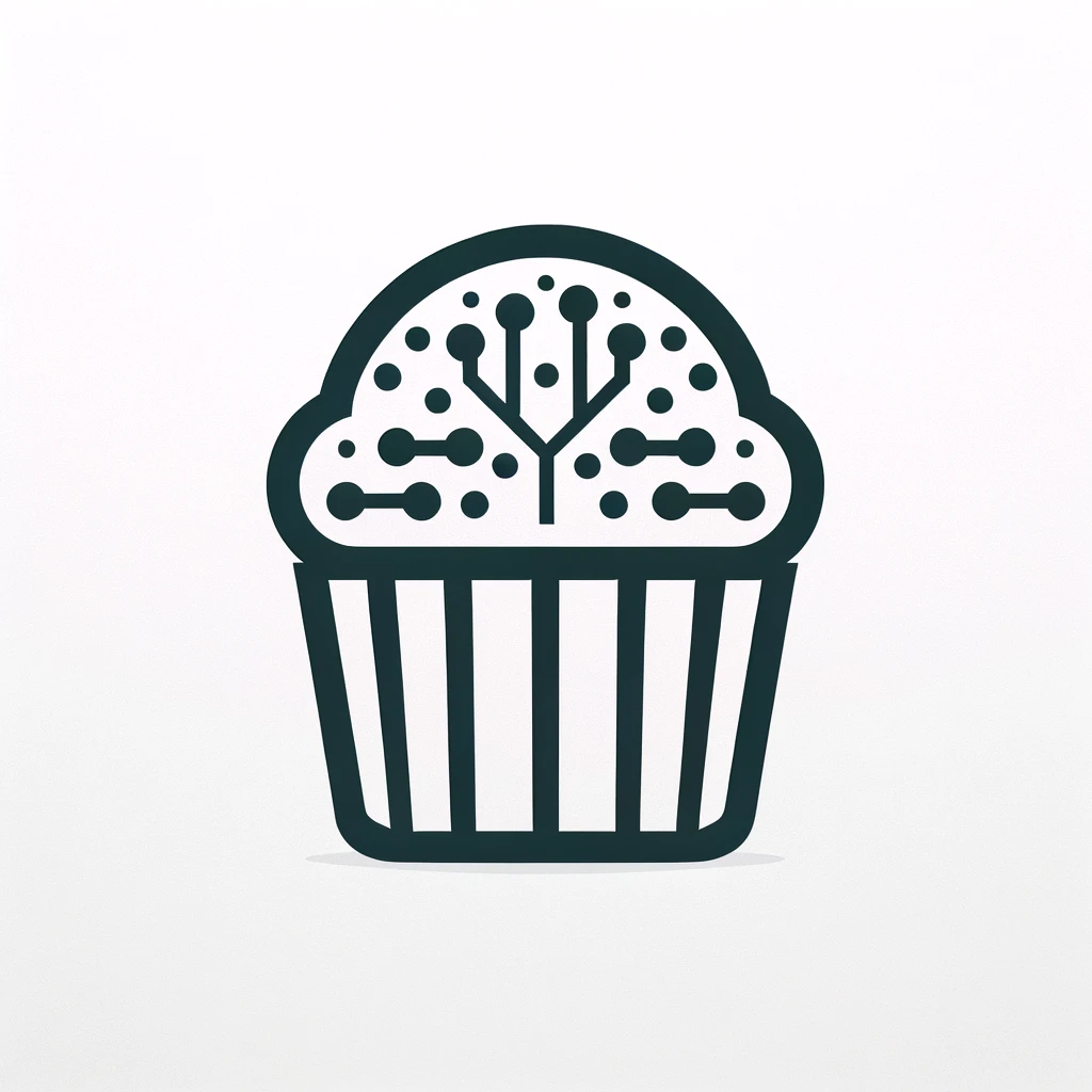 Photo of a simplistic cupcake with a white background. The cupcake is adorned with digital elements such as a circuit pattern frosting and tiny LED sprinkles that are illuminated. The design is minimalistic, ensuring it remains recognizable even at small sizes such as favicons.