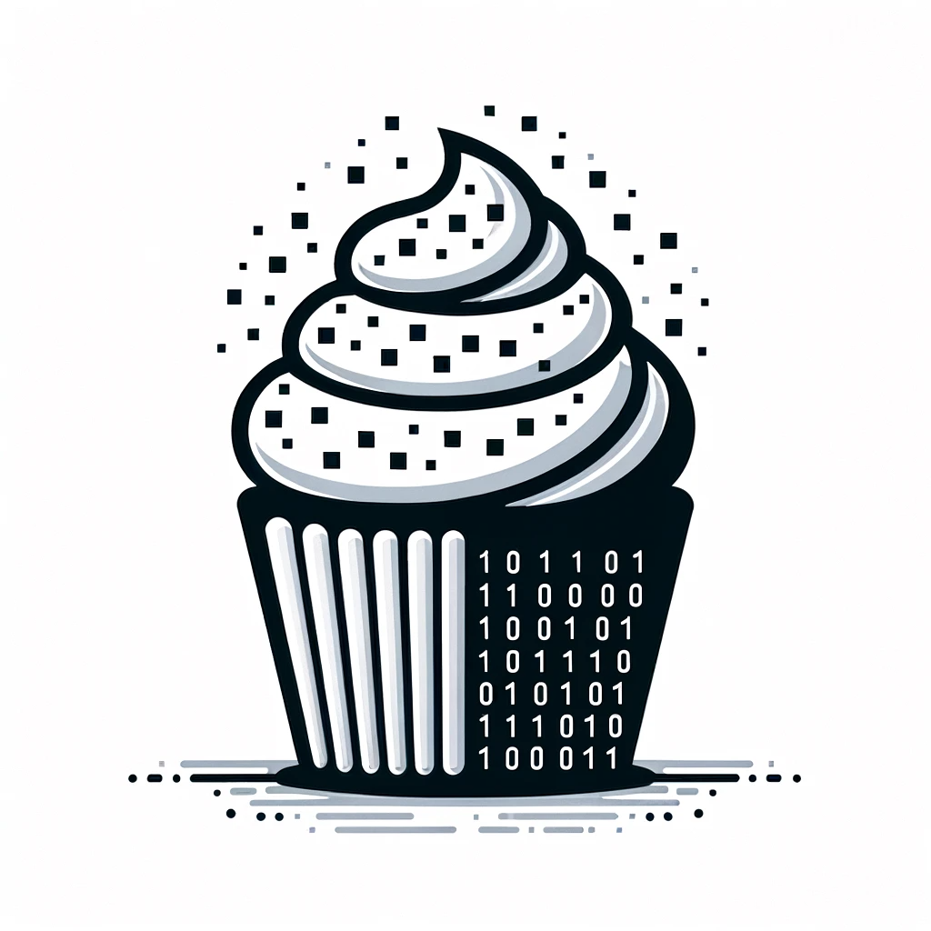 Illustration of a clean and modern cupcake on a white backdrop. The cupcake's frosting swirl has a glossy digital texture, and tiny pixelated sprinkles are scattered on top. The base of the cupcake has binary code patterns. The overall design is compact and clear, perfect for website icons and small screen representations.