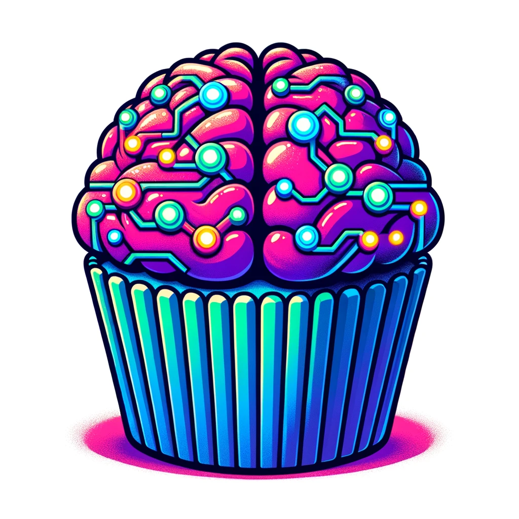 Illustration of a vibrant cupcake on a white background. The frosting has a deeper shade, resembling a robot's brain with more pronounced circuitry patterns in neon colors. The base of the cupcake is a mix of electric blue and purple, and tiny neon-colored LED sprinkles twinkle on top. The design aims to be clear at small sizes.