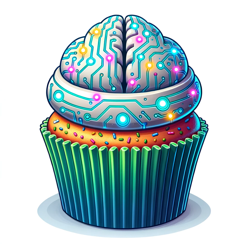 Illustration of a radiant cupcake against a white backdrop. The frosting, mimicking a robot's brain, now has a glossy metallic finish with bright circuit patterns. The cupcake wrapper features gradient shades of blue and green, and luminescent LED sprinkles in diverse colors are dispersed on the frosting.