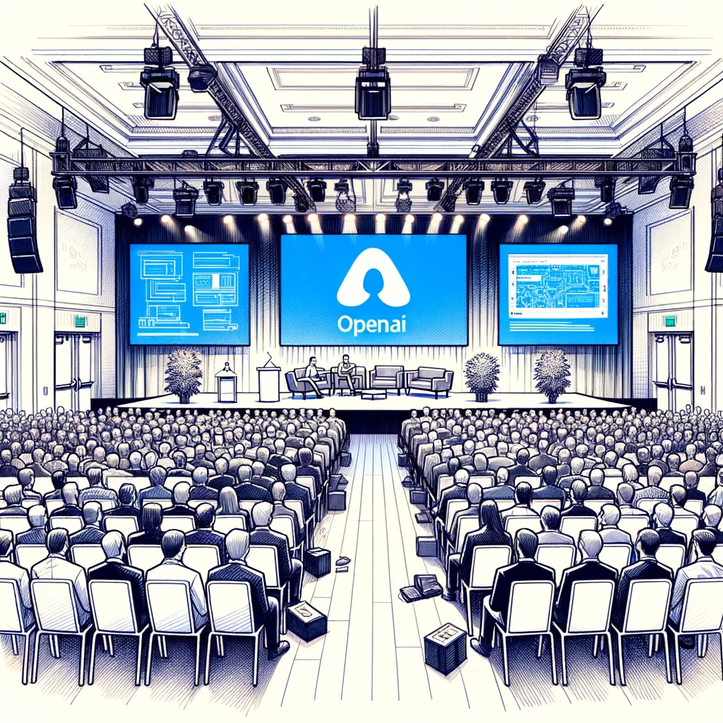 Drawing of a packed conference hall in San Francisco with a stage featuring the OpenAI logo and a large screen presenting the new developer-focused features.