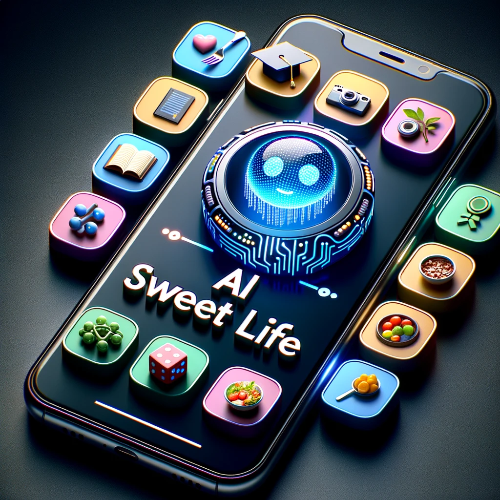 Photo Logo: A sleek, modern smartphone screen displays a variety of colorful app icons: a book for learning, a dice for gaming, a plate with a fork and knife for meal planning, and a graduation cap for college planning. Above the phone, in a stylish font, the text 'AI Sweet Life' shines in metallic silver. There's a glowing, futuristic AI chip integrated into the 'AI' letters, symbolizing the AI-powered nature of the apps.
