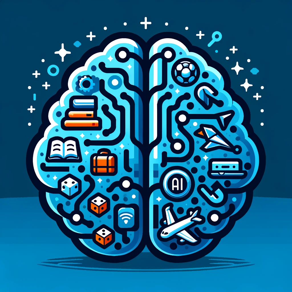 Vector Logo: An abstract brain with the left hemisphere made of blue digital circuits representing AI. The right hemisphere is filled with vibrant icons of a book, dice, plane for trips, and a coach's whistle. Hovering above the brain, the company name 'AI Sweet Life' is written in a bold contemporary font with a blue gradient, showcasing the fusion of human intelligence and AI.