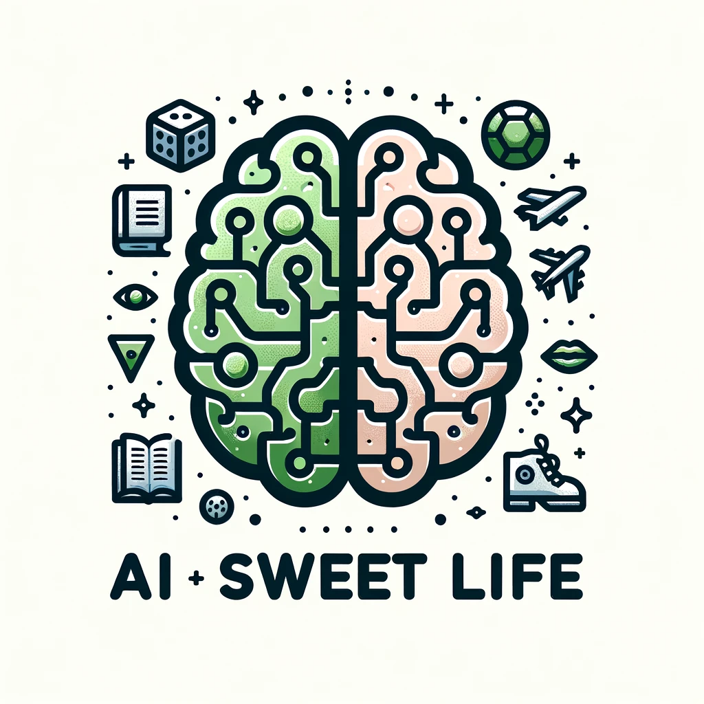 Vector Logo: A half-digital, half-natural brain placed on a white background. The digital side showcases AI circuits in green while the natural side is a soft pink. Scattered around are icons of a book, dice, plane, and coach's whistle. The company name 'AI Sweet Life' is written beneath in a sleek metallic font, emphasizing modernity and technology.