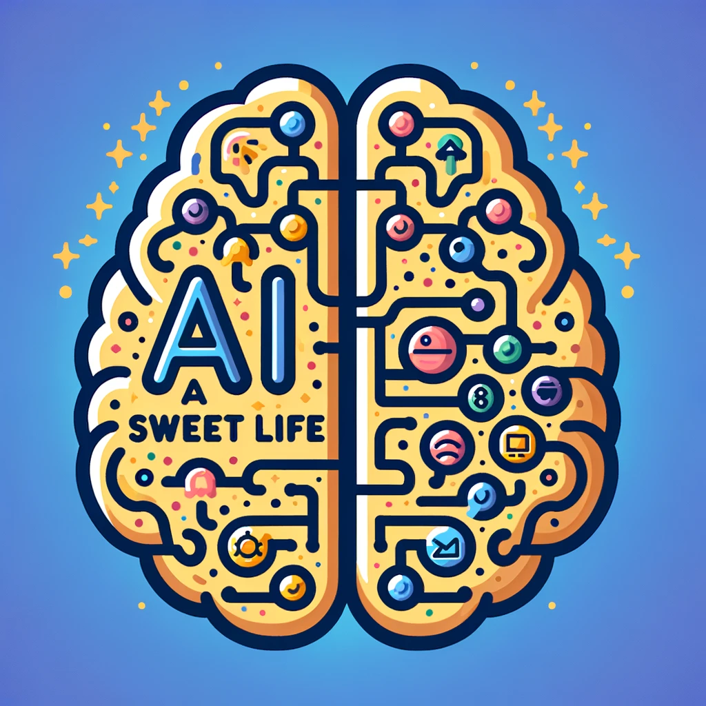 Vector Logo: A stylized brain where the left hemisphere is filled with golden AI circuits and the right with colorful app icons. The background is a soft gradient from blue to purple. Positioned diagonally across the brain is the 'AI Sweet Life' text in a handwritten-style font, giving a personal touch to the technological theme.