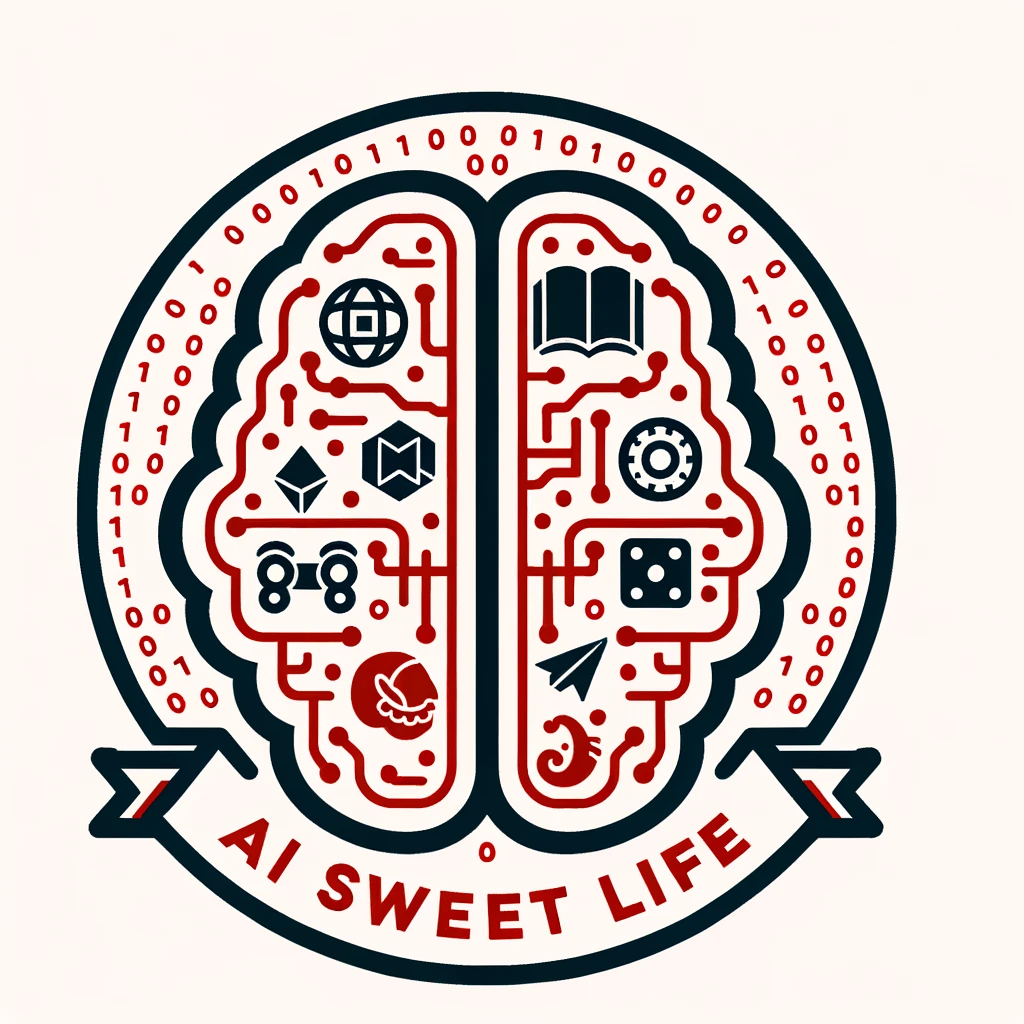 Vector Logo: A simplified brain silhouette where the left part is a mesh of red digital circuits, and the right displays floating icons of a book, dice, plane, and whistle. Surrounding the brain is a circular pattern of binary code. At the bottom, 'AI Sweet Life' is written in a modern, clean font with a hint of playfulness.