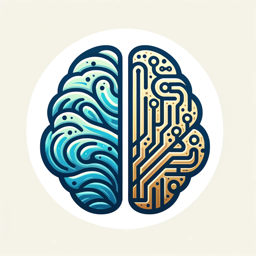 Vector Logo: On a white background, a compact brain design split vertically. The left side is depicted with organic, flowing patterns in soft blue hues, representing the human aspect. The right side showcases detailed, geometric digital circuits in a shining gold color, emphasizing the machine or digital aspect.