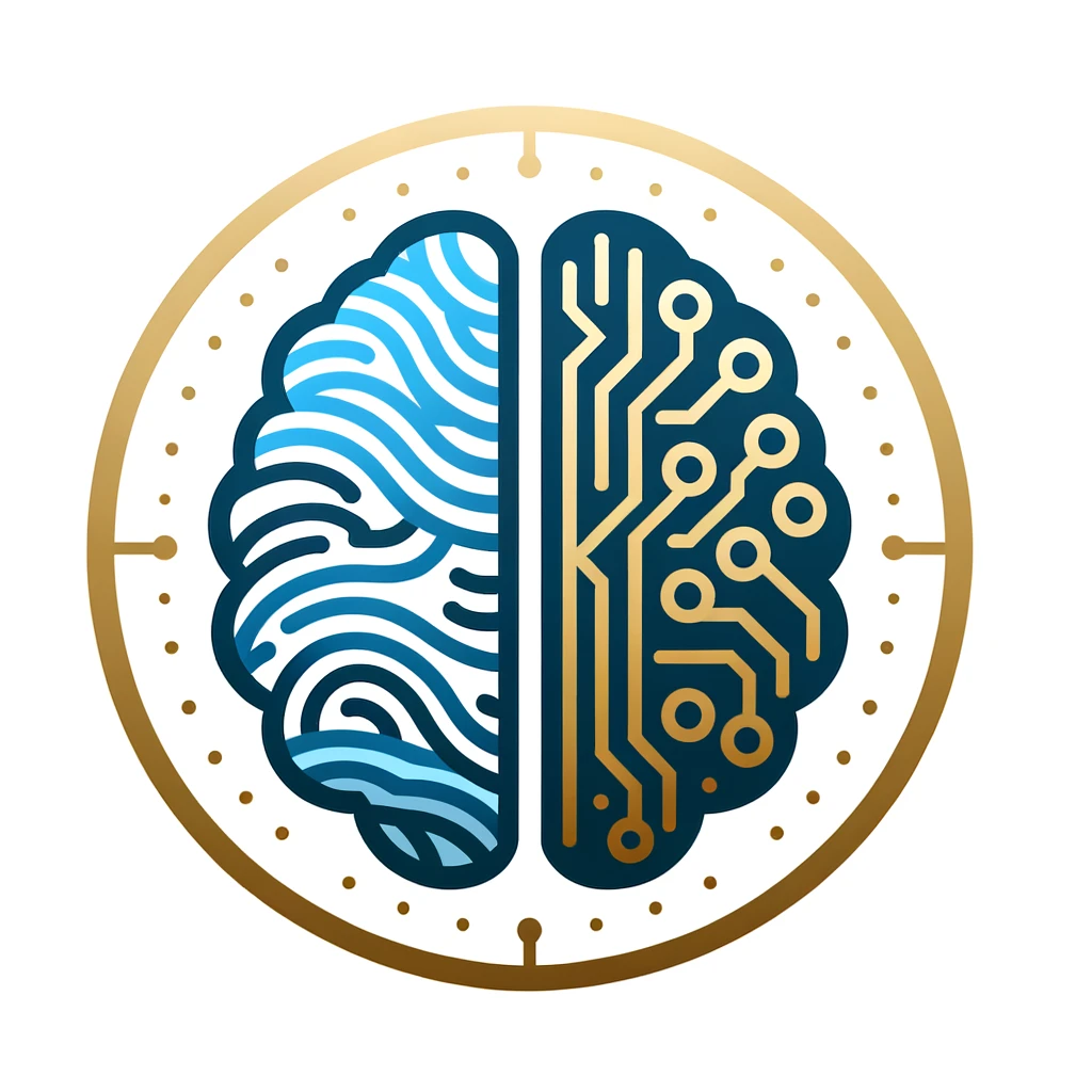 Vector Emblem: On a white background, a very simple and low detail yet high impact compact brain design split vertically. The left side portrays organic, flowing patterns in soft blue hues, symbolizing the human aspect. The right side displays geometric digital circuits in a shining gold color, emphasizing the machine or digital nature, suitable for a favicon.