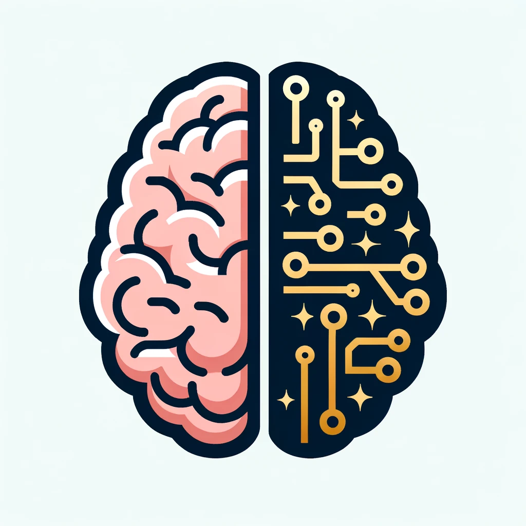 Vector Emblem: On a white background, a sleek brain silhouette split vertically. The left side showcases a cartoon depiction of a real human brain in soft pink hues. The right side displays cartoon-style circuits in shiny gold, emphasizing the digital nature.