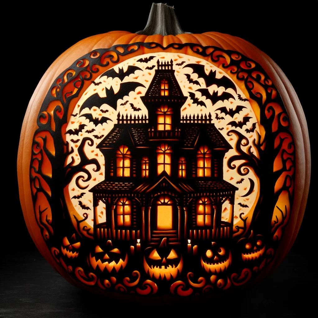 Photo of a spooky pumpkin carving pattern featuring a haunted mansion with eerie trees around and bats flying overhead.