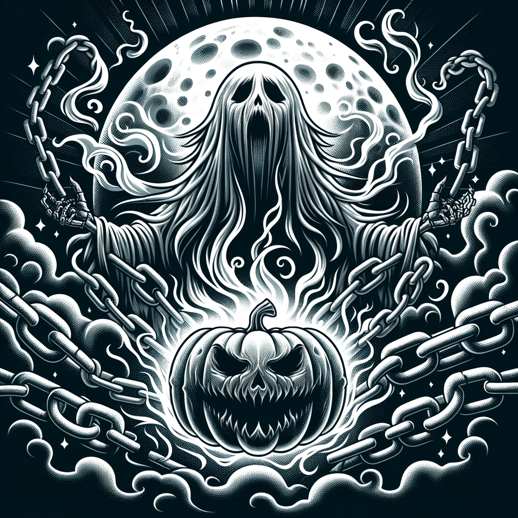 Illustration of a creepy pumpkin carving pattern showcasing a ghostly apparition floating with chains and surrounded by swirling mists.