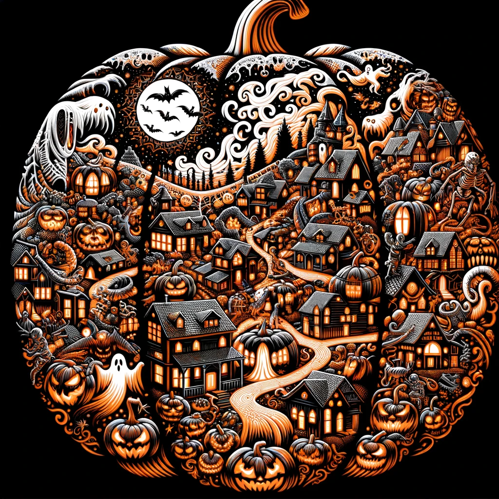 Illustration of the most intricately detailed spooky pumpkin carving pattern in the universe, displaying an eerie haunted village, ghosts, witches, werewolves, and multiple layers of frightening elements intertwined.