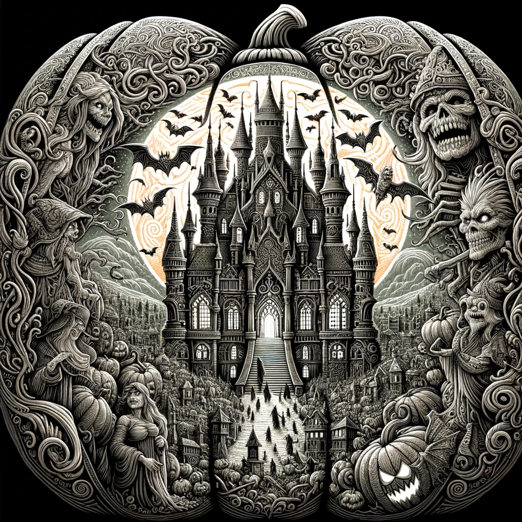 Illustration of an ultra-detailed spooky pumpkin carving pattern showcasing a massive haunted castle, surrounded by a dense forest of twisted trees, goblins, zombies, and mythical creatures with intricate patterns and designs.