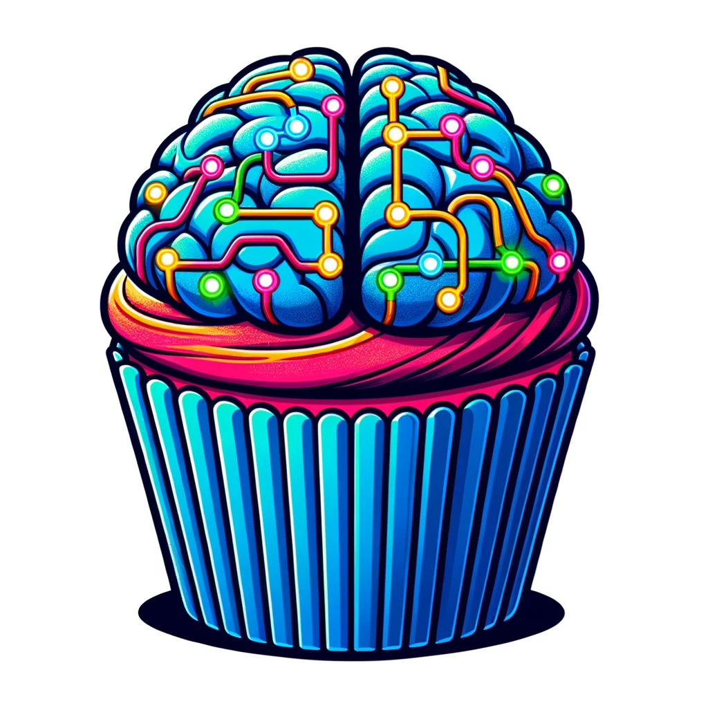 Illustration of a vibrant cupcake on a white background. The cupcake's frosting is designed to resemble a robot's brain with intricate circuitry patterns in bright colors. The base of the cupcake is a deep electric blue, and tiny neon-colored LED sprinkles shine brightly on top. The design is tailored to be easily recognizable at small sizes.