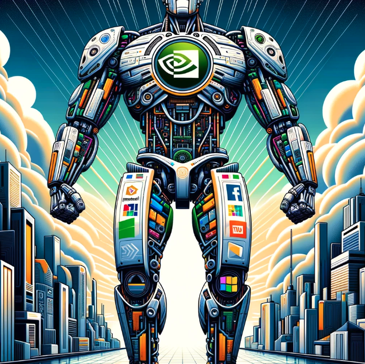 Vector depiction of a towering robot, brimming with tech energy, with a sprawling futuristic cityscape in the background. Its chest beams with a radiant NVIDIA symbol. The left arm is a tribute to Microsoft's design language, and the right arm showcases patterns influenced by Google. The robot's dominant stance is on two iconic legs: one capturing the spirit of Facebook and the other mirroring the aesthetics of Amazon.