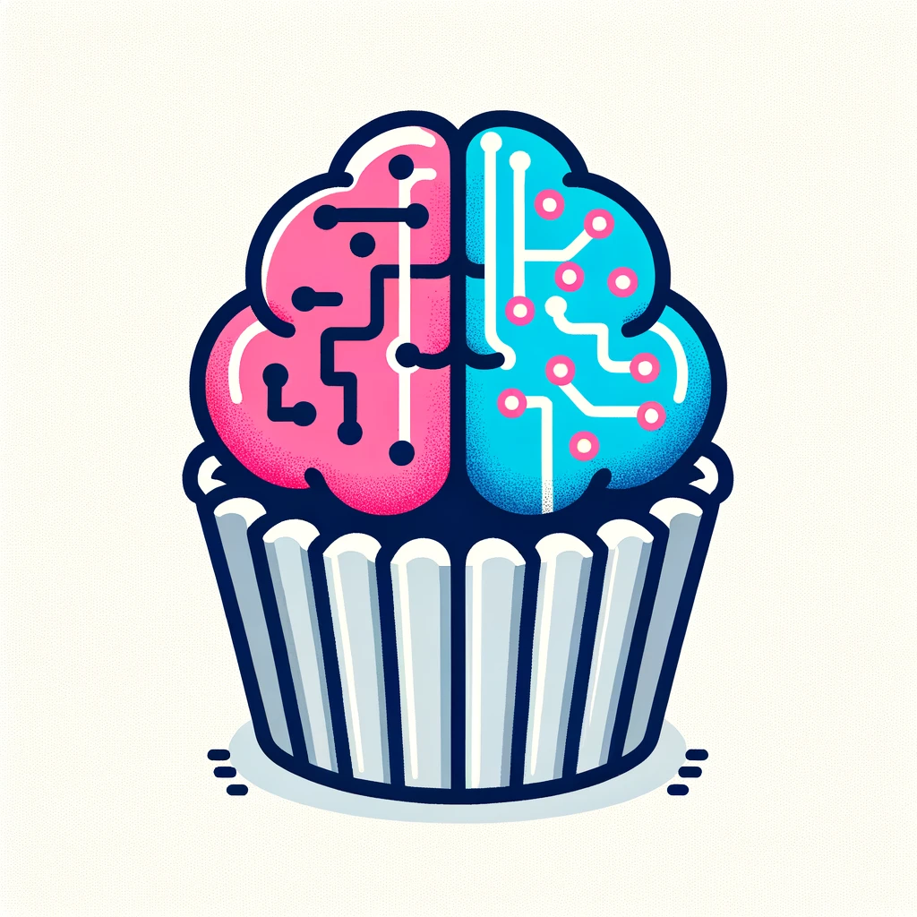 Vector illustration of a cupcake against a white background. The frosting is bifurcated into two distinct sections. On one side, there's a simplistic stylized pink cartoon human brain. On the opposite side, there's a bold electric blue brain with prominent circuitry patterns indicating AI. The design is clean, bold, and easily distinguishable, with a base in a shade of muted gray and neon LED sprinkles symmetrically placed on top.