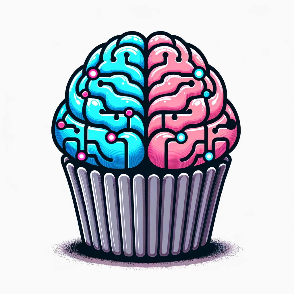 Vector illustration of a cupcake against a white background. The frosting is enlarged and more pronounced in relation to the cup base. The frosting continues to be bifurcated: one side features a stylized pink cartoon human brain, while the other side has a bold electric blue brain with distinct circuitry patterns representing AI. The base of the cupcake is in a muted gray shade, and neon LED sprinkles are symmetrically scattered on the frosting.