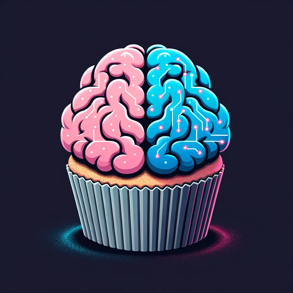 Vector illustration of a cupcake against a deep black background. The enlarged frosting is bifurcated. On one side, there's an organic-looking stylized pink human brain with soft, natural contours. On the opposite side, the electric blue brain retains its boldness with pronounced circuitry patterns indicating AI. The base of the cupcake is a muted gray shade, and neon LED sprinkles are symmetrically positioned on the frosting.