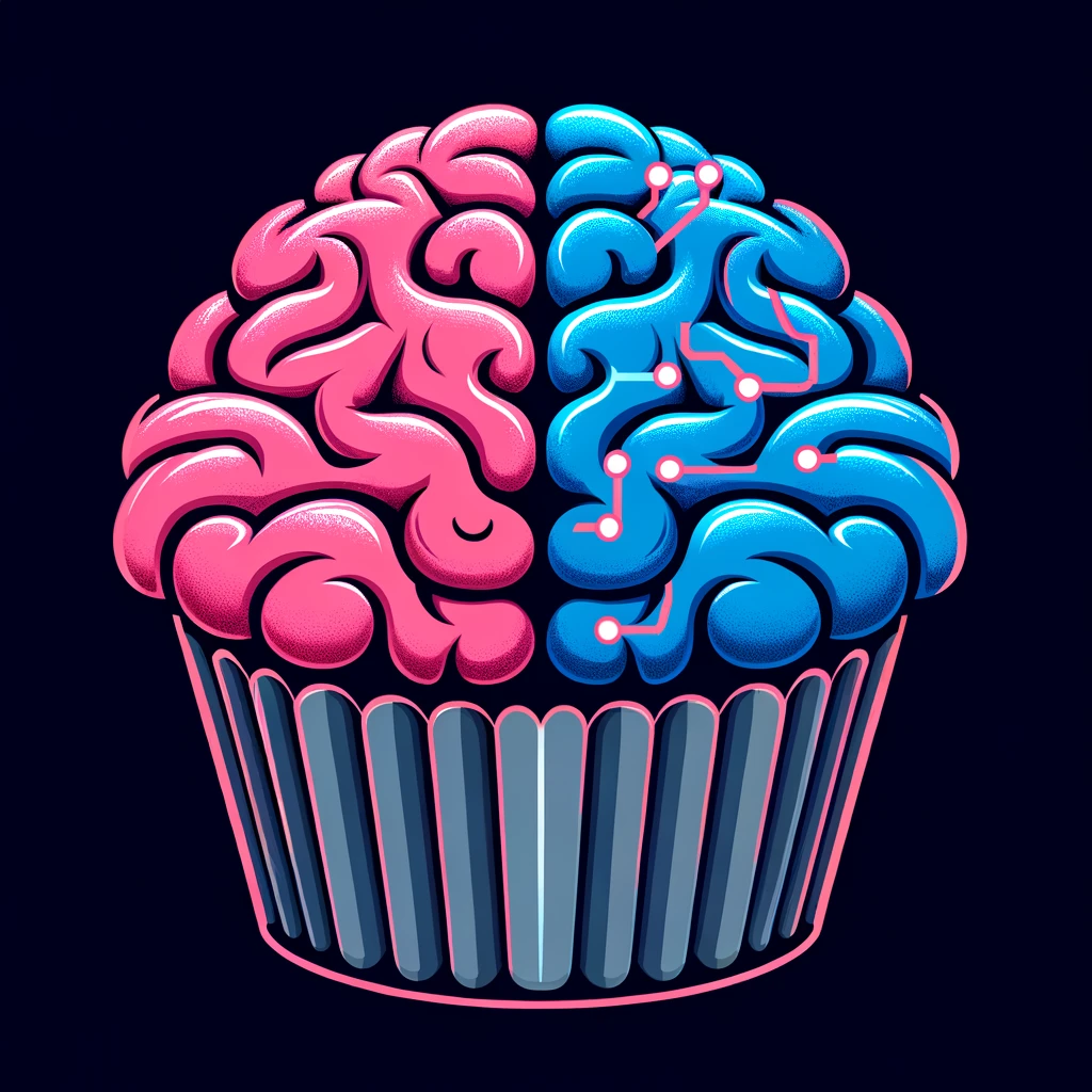 Vector illustration of a cupcake against a deep black background. The enlarged frosting is bifurcated. On the human side, the stylized pink brain has a velvety, soft texture with natural, flowing contours. In contrast, the electric blue AI side is sleek and shiny, with sharp, pronounced circuitry patterns. The base of the cupcake remains in a muted gray shade, with neon LED sprinkles symmetrically adorned on the frosting.