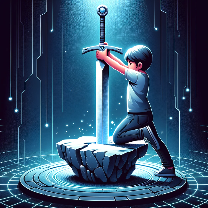 Vector design of a young boy in a luminous futuristic environment, intently pulling a well-balanced sword by its handle. The sword, adorned with the OpenAI logo, is just starting to emerge from the stone, revealing a visible hole where it was previously embedded. The stone pedestal and the surroundings carry a high-tech aura, with futuristic lights and patterns accentuating the significant moment.