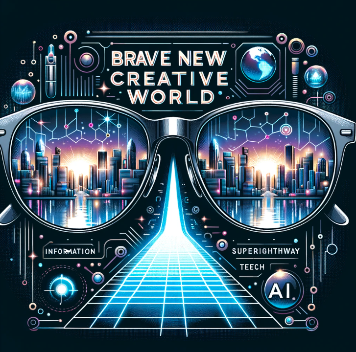 Vector illustration of a pair of sleek sunglasses reflecting a futuristic cityscape. The words 'Brave New Creative World' are inscribed on the frame. The lenses show a luminous pathway, symbolizing the 'information superhighway', surrounded by AI and tech motifs. The overall vibe suggests that the future is bright.