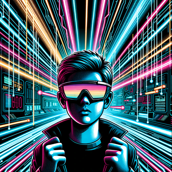 Vector artwork of a cool kid, equipped with futuristic sunglasses, in an environment heavily influenced by the movie 'Tron'. Laser beams of various colors dart around, representing the fast-paced nature of technology. The backdrop showcases the 'information superhighway', with data lanes illuminating the scene, underscoring the rapid technological evolution.
