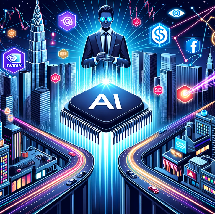Vector design showcasing a futuristic cityscape, representing the rapid evolution of technology. Above the city, a large AI chip with the OpenAI logo beams brightly. On the ground, a man, symbolizing an entrepreneur, wears stylish sunglasses reflecting stock market charts of tech giants like Nvidia, Facebook, Google, Amazon, and Microsoft. Laser beams and digital pathways, symbolizing the 'information superhighway', intersect the scene, highlighting the AI rally in equities.