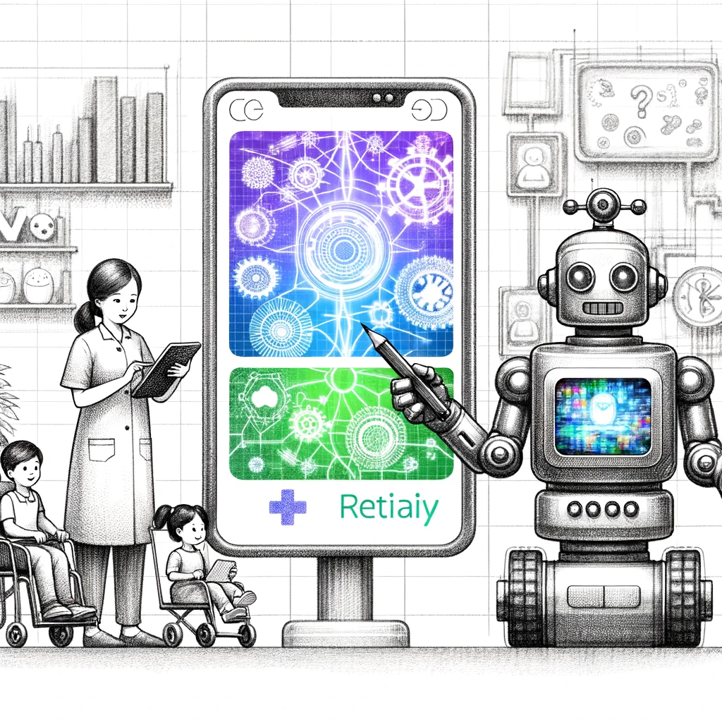 Drawing of a hospital scene where a nurse consults a tablet powered by ChatGPT, while in another part, kids are entertained by a TV show recommended by the robot's intelligence.