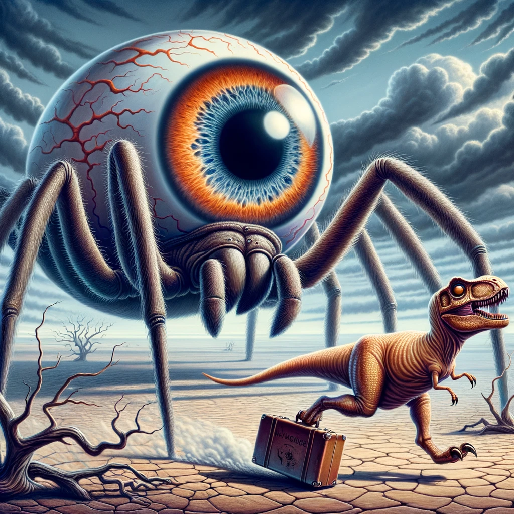 Illustration of a giant spider with a body made of enormous, glistening eyeballs in pursuit of a small, orange T-Rex dragging a vintage suitcase. The scene unfolds in a surreal, desolate landscape that resembles a barren desert with a few scattered, twisted trees under a stormy sky, giving the artwork a tense and dramatic feel.