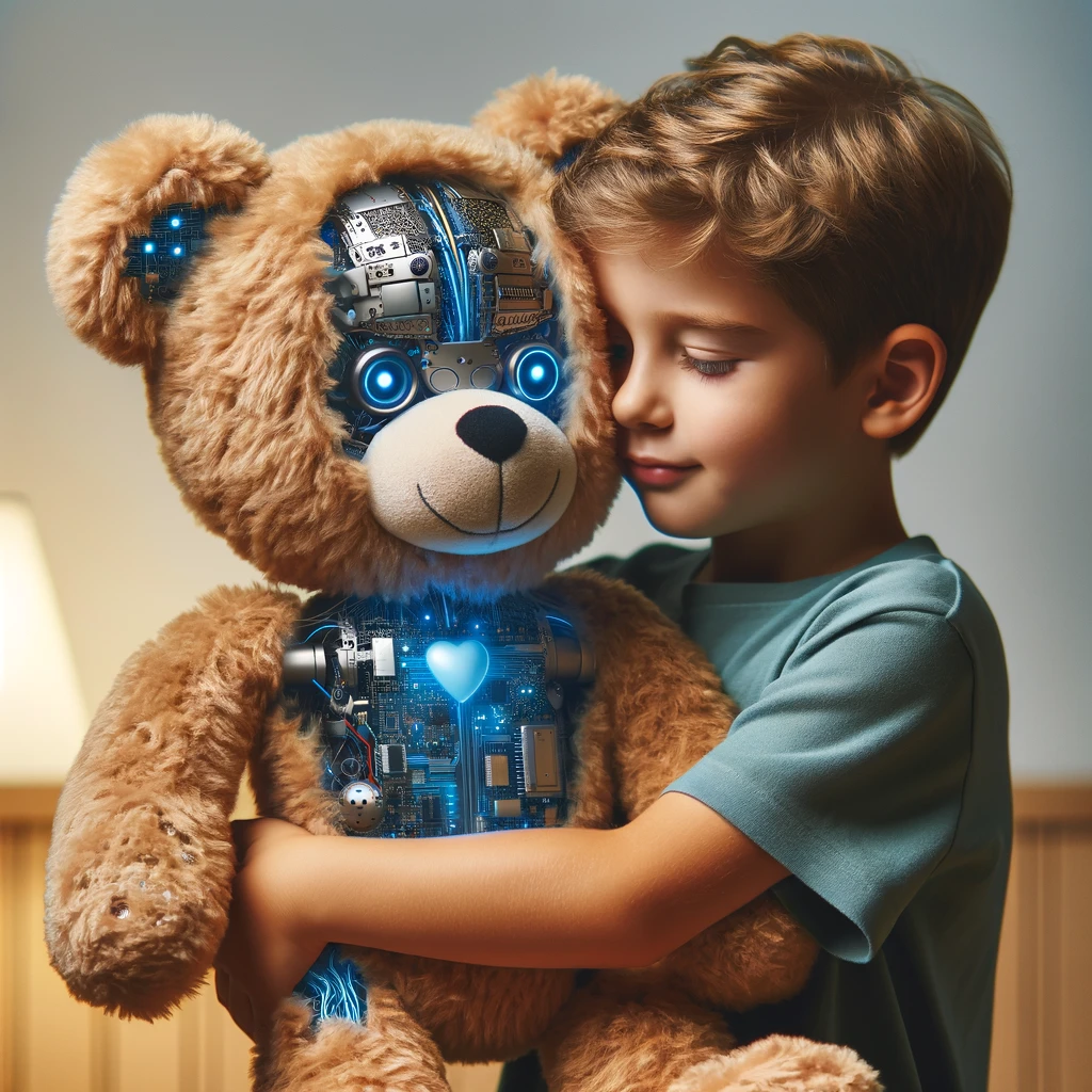 A child giving a big hug to a fluffy teddy bear. The bear should have visible robotic elements, like a robot brain or circuitry, integrated with its fluffy exterior. The child, of any descent, should be giving the bear a loving hug, with the focus on the affectionate bond between them. Keep the setting warm and endearing, highlighting the friendly and accessible nature of AI through this plush, cybernetic teddy bear.