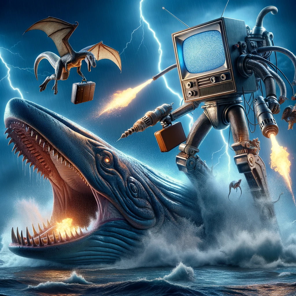 Photo of an epic battle scene where a giant grill with a cathode ray tube television for a head, metallic jet pack wings, drill hands, and knee rockets, is engaged in combat with a dinosaur that is holding a suitcase. The dinosaur is mounted on a colossal blue whale that is breaching out of an ocean during a stormy night. The grill is shooting flames towards the dinosaur, while lightning illuminates the dramatic scene.