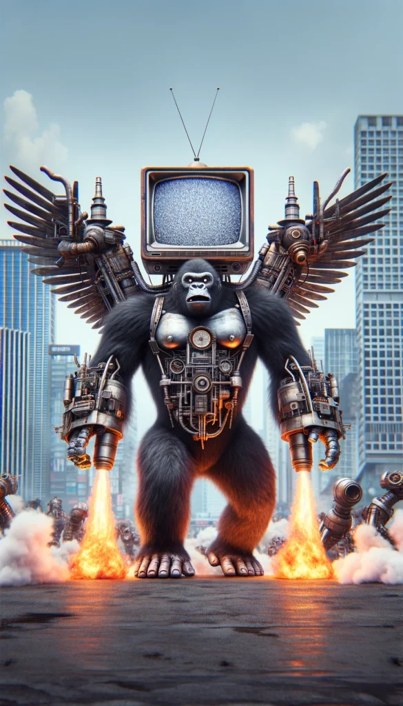 Photo of a gargantuan gorilla standing amidst a cityscape. The gorilla has a vintage cathode ray tube television for a head, displaying static on the screen. On its back, a metallic jet pack with fiery thrusters is strapped, ready for takeoff. The gorilla's wings are outstretched, composed of sleek metal with intricate mechanics, and its hands are replaced with enormous, spinning drills. From its knees, streams of fire and smoke are blasting out, suggesting rockets propelling it upward.