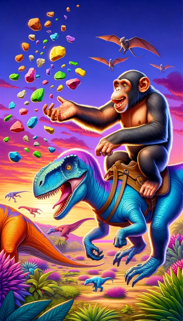 Illustration of a chimpanzee with a light brown fur color mounted on a vibrant blue velociraptor. The chimpanzee is animatedly tossing an assortment of multicolored rocks and stones at an orange allosaurus that is trying to dodge them. The scene takes place in a vivid and stylized prehistoric landscape filled with oversized colorful plants and a dramatic purple and pink sunset sky in the background.