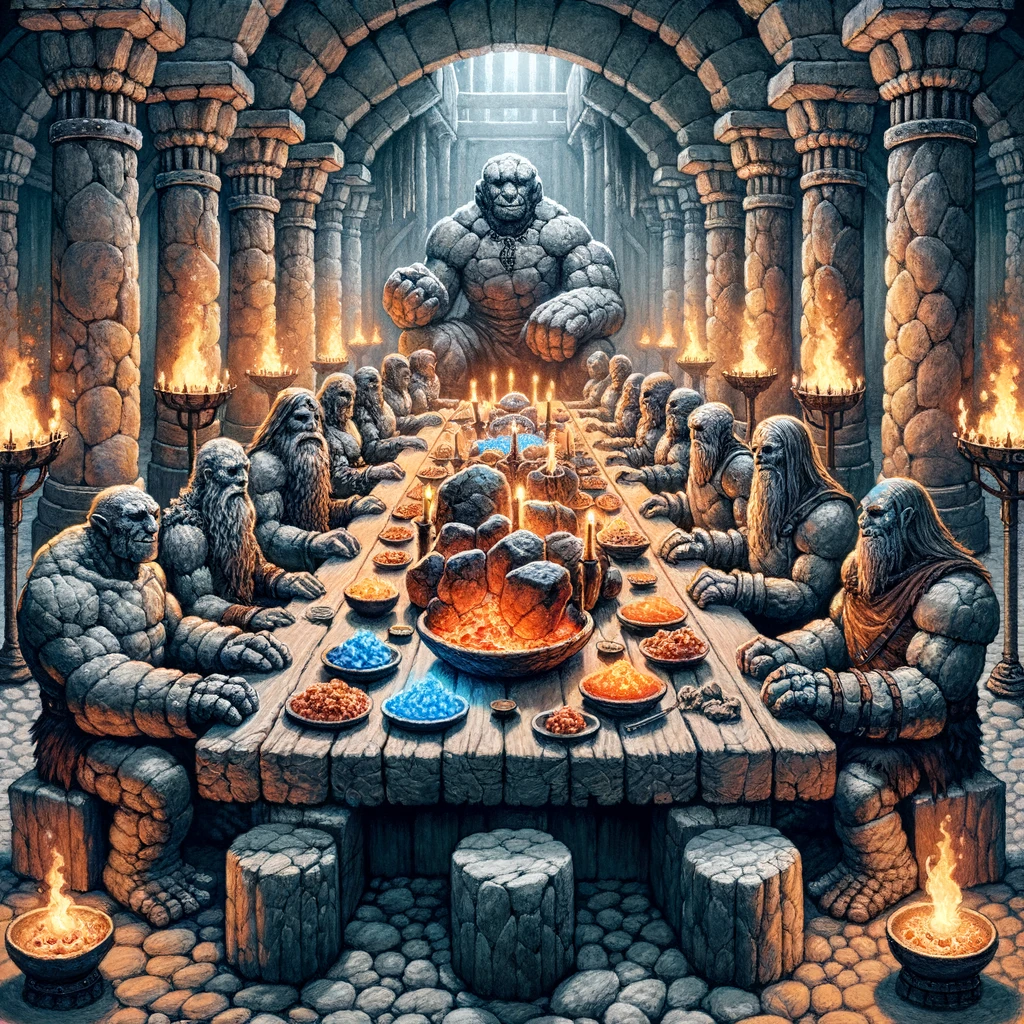 Illustration of a medieval feast scene with Stone Golems, having the appearance of weathered limestone, gathered around a massive wooden table. The table is adorned with a feast composed entirely of fire and ember-based dishes; from coal-encrusted roasts to bowls of blue and red flames. The setting is a torch-lit underground chamber with a vaulted ceiling, giving the scene a majestic and otherworldly ambiance.