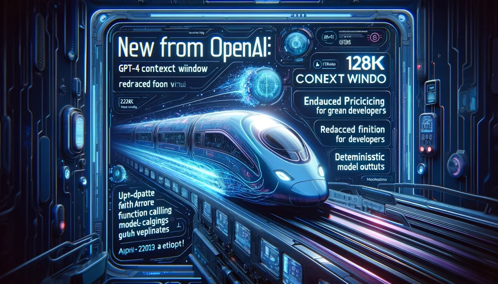 Include phrases like '128K Context Window', 'Up-to-date with April 2023 Events', 'Reduced Pricing for Greater Value', 'Enhanced Function Calling for Developers', and 'More Deterministic Model Outputs'. Ensure the text is integrated seamlessly with the futuristic visual elements, such as being part of the digital streams or displayed on the sides of the high-speed train, to maintain a cohesive and informative banner image.