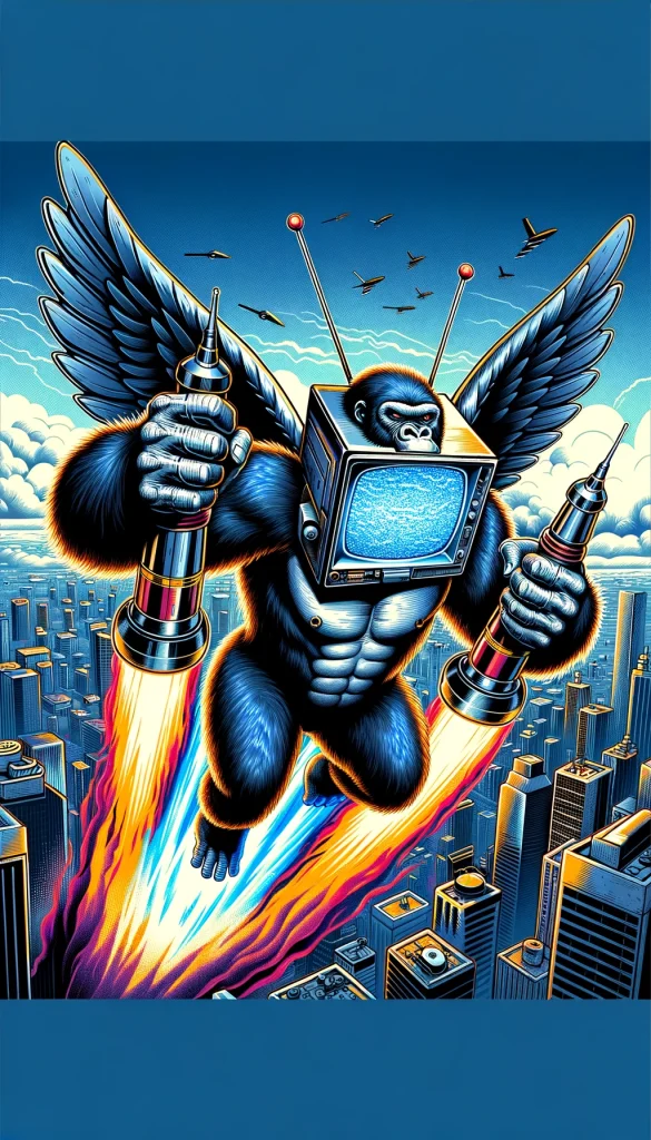 Illustration of a massive gorilla in a dynamic pose soaring above a futuristic city. The gorilla's head is replaced by an old-school cathode ray tube television, which flickers with a ghostly glow. It sports a shiny, silver jet pack with blue flames shooting out. The gorilla's wings are large, reminiscent of airplane wings, and its hands are massive drills mid-rotation. Bright red and yellow rockets flare from the knees, propelling it with immense speed.