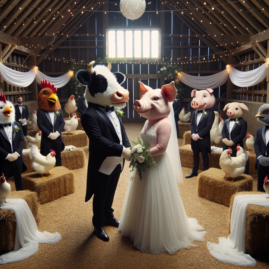 Photo of various anthropomorphized farm animals in formal wedding attire inside a rustic barn transformed into an elegant wedding venue. A cow wearing a black tuxedo and a pig in a flowing white wedding dress stand together at the altar, exchanging vows. Surrounding them, a group of chickens in suits and ducks in cocktail dresses witness the ceremony, amidst hay bales adorned with white satin and twinkling fairy lights.