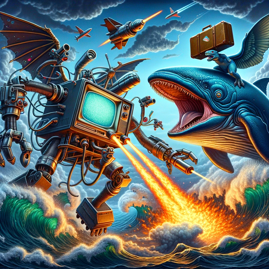 Illustration of a fantastical warfare moment where a behemoth grill, equipped with a cathode ray tube TV head, metallic wings, drill hands, and knee rockets, clashes against a suitcase-toting dinosaur astride a majestic blue whale. The whale is leaping from the swirling, tumultuous sea as the grill unleashes a barrage of fiery rockets. The sky is a whirl of colors, indicating the chaos of the battle, as the two titans face off.