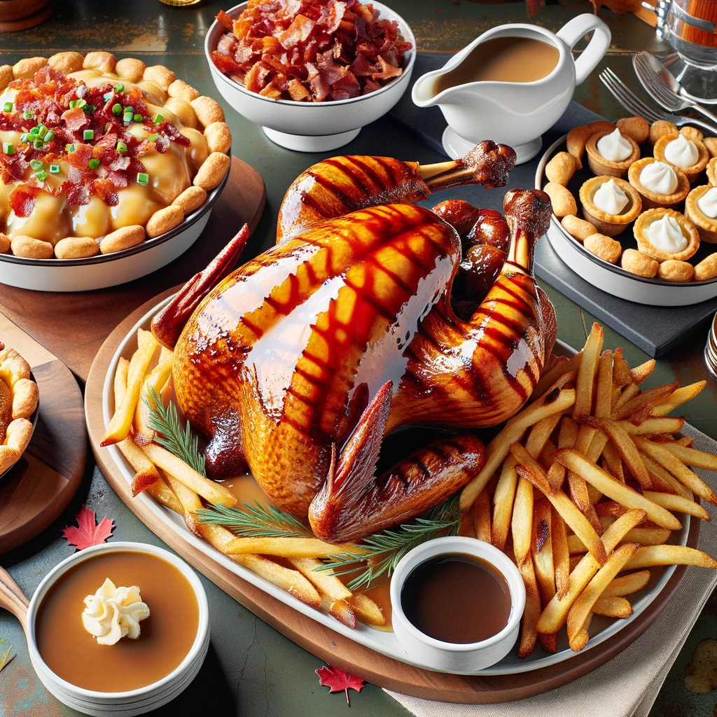 Photo of a Thanksgiving table with a Canadian twist, displaying a maple-glazed turkey with a shiny, caramelized exterior from the maple syrup glaze. In the foreground, a 'poutine bar' is set with a bowl of crispy fries, a gravy boat, fresh cheese curds, and a variety of toppings like bacon bits and chives. Mini butter tarts with flaky crusts and gooey centers are arranged on a separate plate, adding a touch of sweetness to the savory meal.