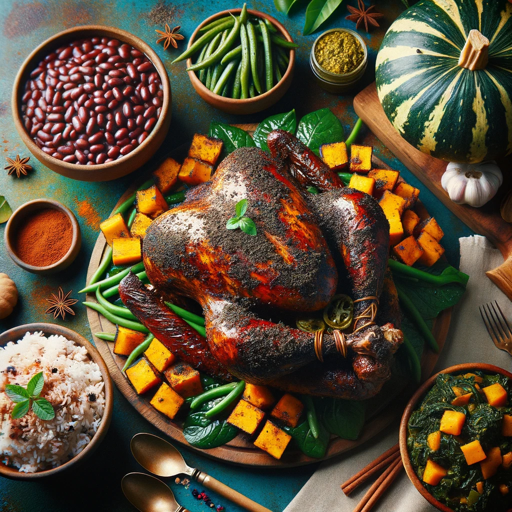 Photo of a vibrant Caribbean-themed Thanksgiving feast, featuring a jerk turkey as the centerpiece, its skin rubbed with a spicy, aromatic jerk seasoning and marinade, giving it a rich, dark hue. Alongside, a dish of Caribbean rice and beans, the grains infused with creamy coconut milk and speckled with spices, offers a comforting balance. A bowl of callaloo, with its lush green amaranth leaves, diced pumpkin, and sliced okra stewed in coconut milk, completes this tropical tableau.