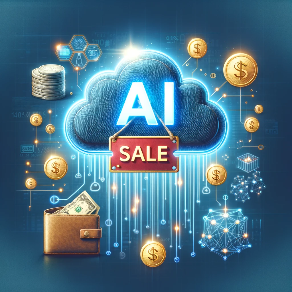  'AI Cloud' with a prominent 'SALE' tag. Make the cloud look more advanced and nifty, with digital and futuristic aesthetics. Add visual effects that suggest affordability and accessibility, like a shining discount badge or a burst of light around the price tag that attracts attention. Include symbolic elements like coins or a wallet with less money coming out to represent savings. The background should emphasize the theme of reduced pricing with a cheerful and inviting atmosphere.