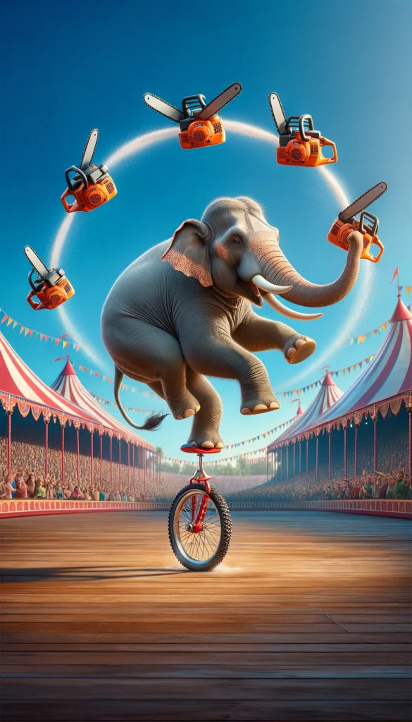Photo of an elephant with a light grey complexion balancing on a red and silver unicycle in the center of a circus ring. The elephant is skillfully juggling three orange chainsaws that are turned off, creating an arc above its head. The background features a lively circus atmosphere with colorful tents and a crowd of various people in the distance, under a clear blue sky.