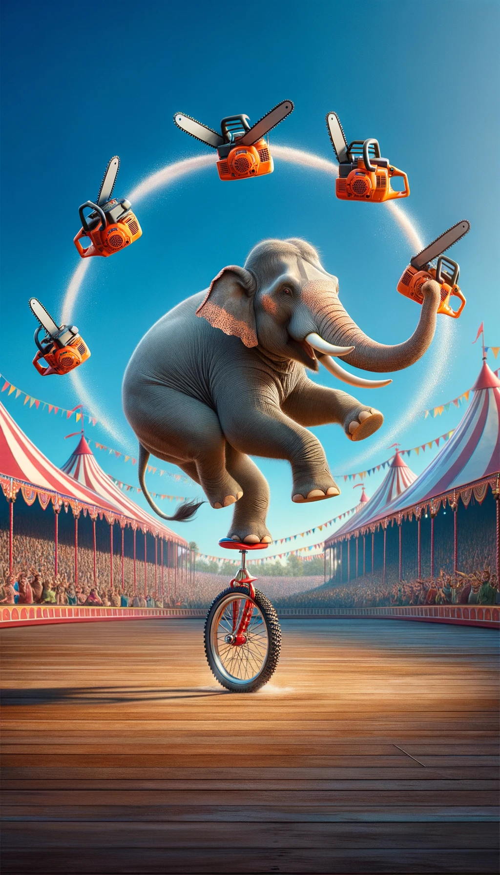 An elephant riding a unicycle while juggling chainsaws…